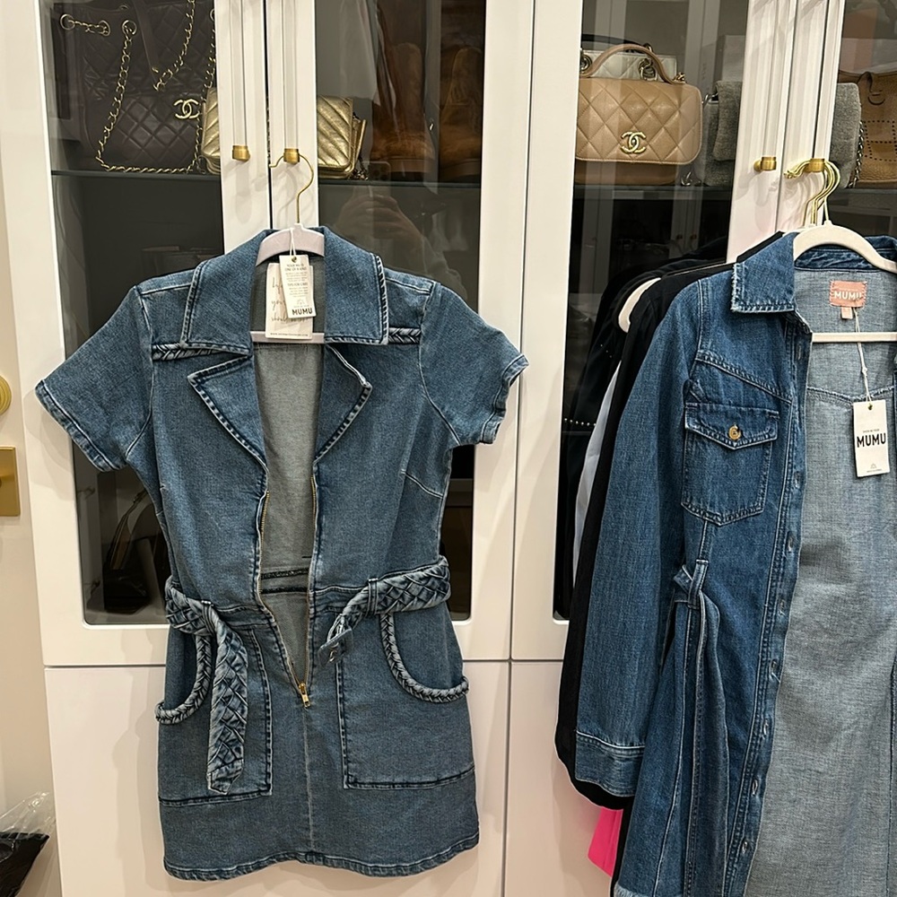Show me your Mumu. Denim mini dress. Woven belt.